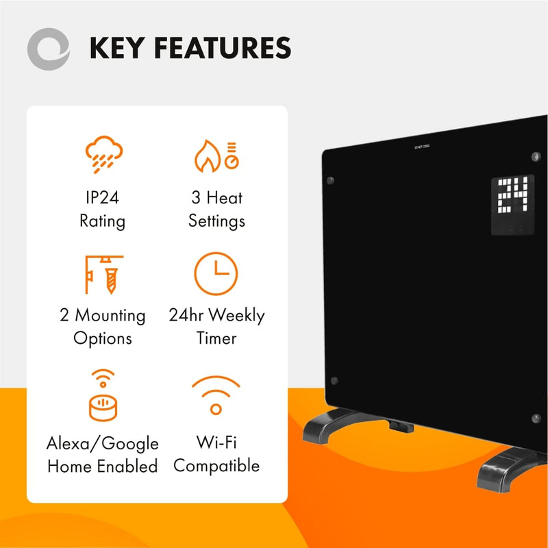 Devola Designer 1.5kW Smart Glass Panel Heater with Timer Black - DVPW1500B - Return Unit, Image 2 of 9