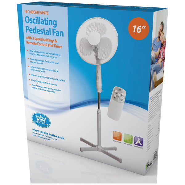 Prem-I-Air 40.5W 3 Speed 16-inch Pedestal Fan With Remote - White - EH1826 - Return Unit, Image 4 of 4
