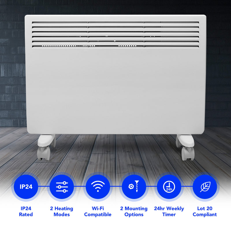 Devola-M 1500W Panel Heater with 7 Day Timer IP24 - White with Tuya WIFI - DVM15WF, Image 2 of 7