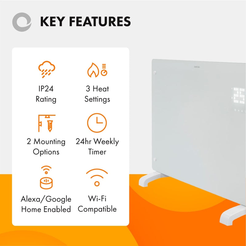 Devola Designer 2kW Smart Glass Panel Heater with Timer White – DVPW2000WH - Return Unit, Image 2 of 9