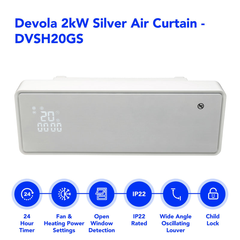 Devola 2kW Glass Panel Air Curtain Silver - DVSH20GS - Return Unit, Image 3 of 10