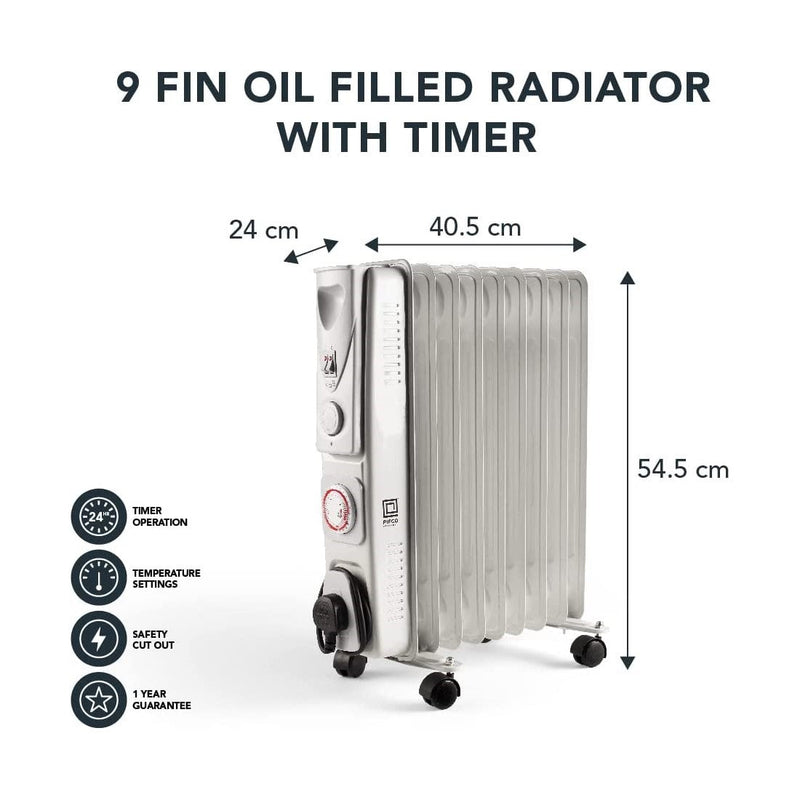 Pifco 2kW White 9 Fins Oil Filled Radiator With Timer - PIF203878, Image 2 of 3