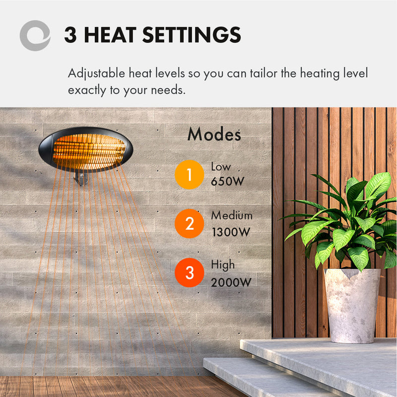 Devola Core 2kW Wall Mounted Patio Heater Oval with Remote - DVRPH20WMB, Image 4 of 7