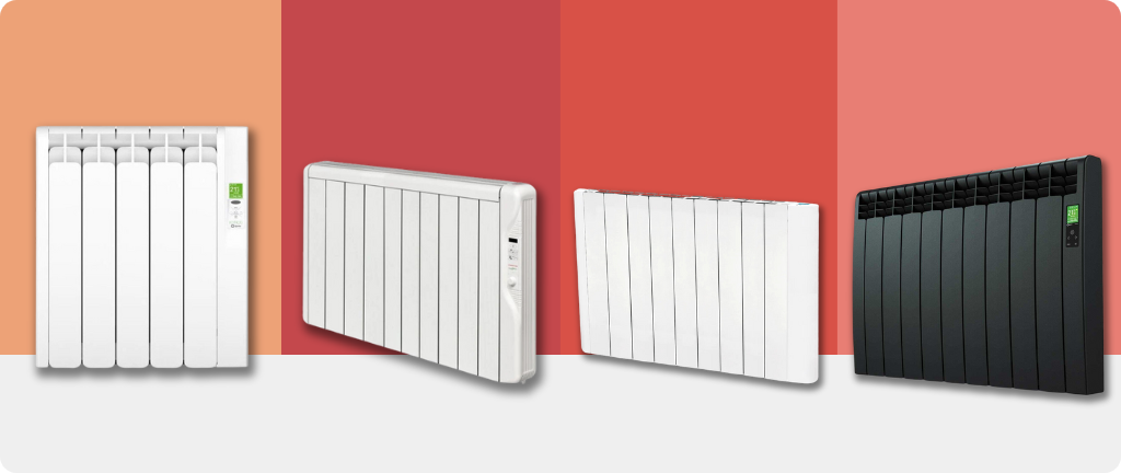 4 electric radiators in front of a multi coloured background
