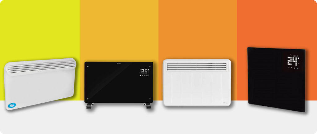 Collection of electric panel heaters on a bright orange and yellow background