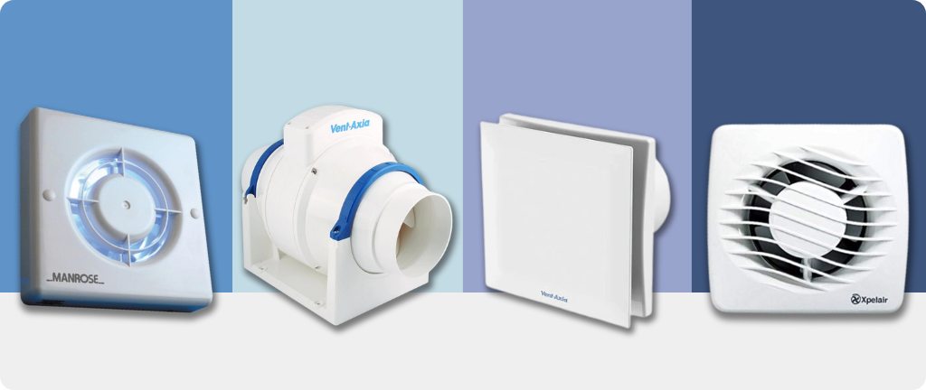 collection of different shower extractor fans on a blue pastel background