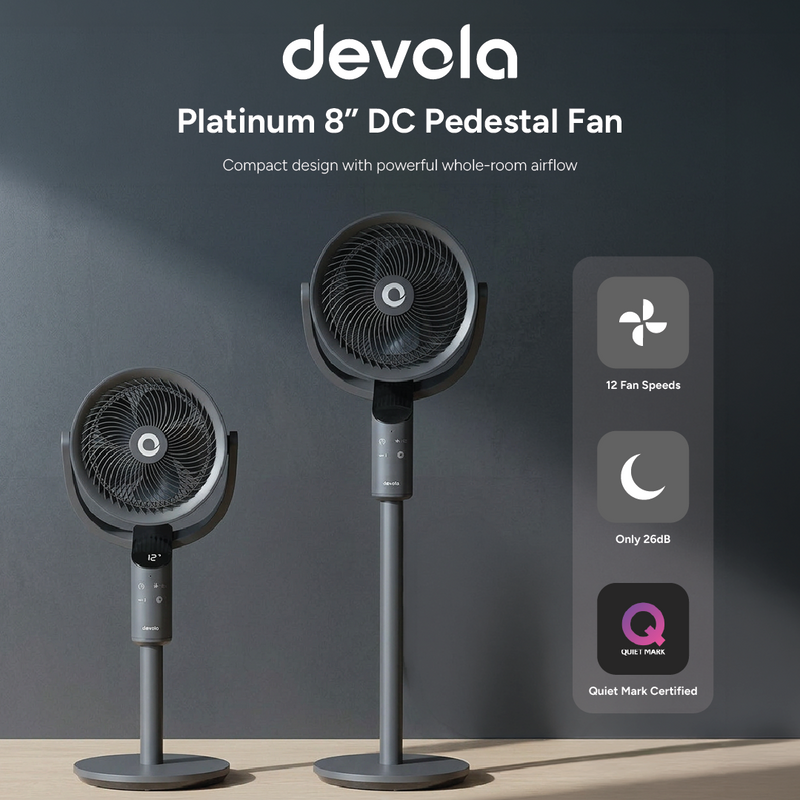 Devola Platinum Low Noise 8 Inch Air Circulator Pedestal Fan, Grey - DVPF8DCB, Image  of 9