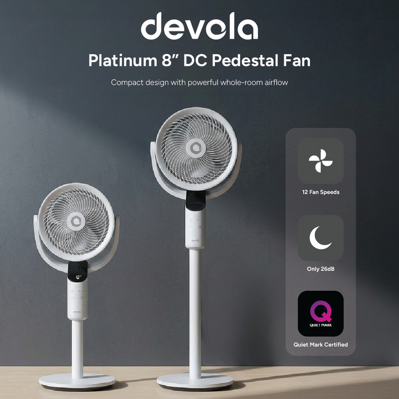 Devola Platinum Low Noise 8 Inch Air Circulator Pedestal Fan, White - DVPF8DCW, Image  of 9