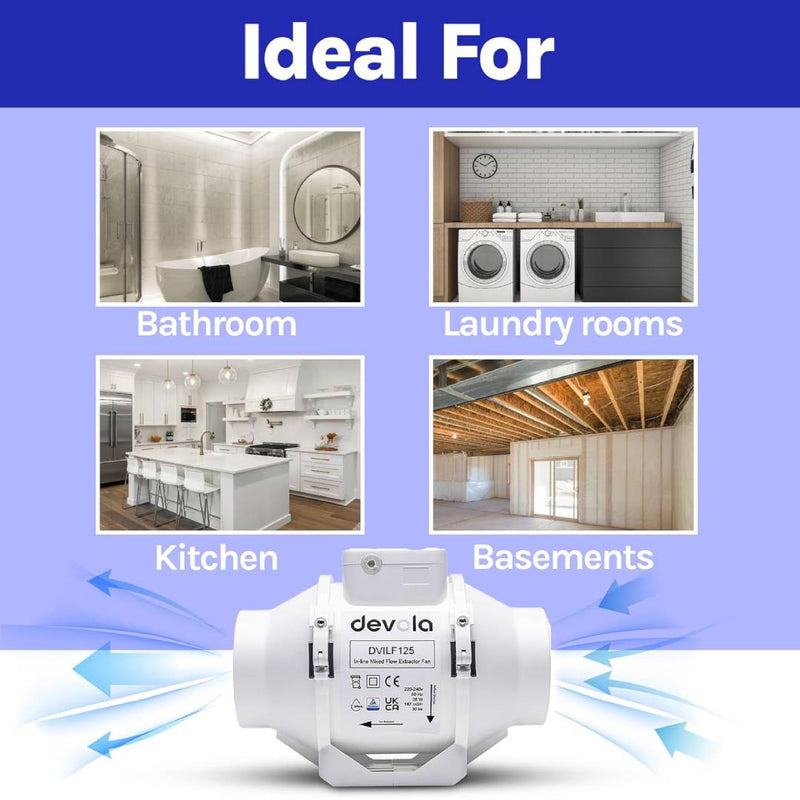 Devola 125mm In-Line Mixed Flow Extractor Fan - DVILF125, Image  of 10