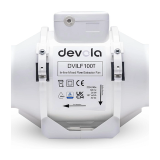 Devola 100mm In-Line Mixed Flow Extractor Fan with Timer - DVILF100T