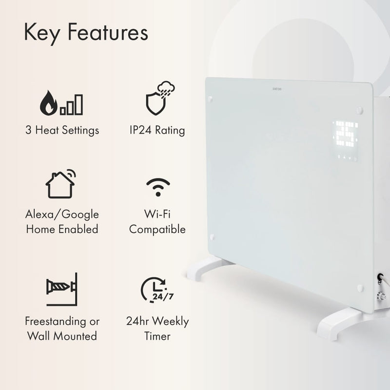 Devola 1000W Glass Panel Heater with Wifi app - White - DVPW1000WH, Image  of 11