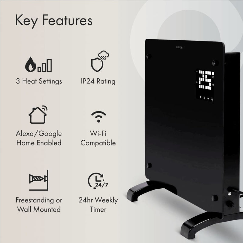 Devola Designer 2kW Smart Glass Panel Heater with Timer Black - DVPW2000B, Image 7 of 10