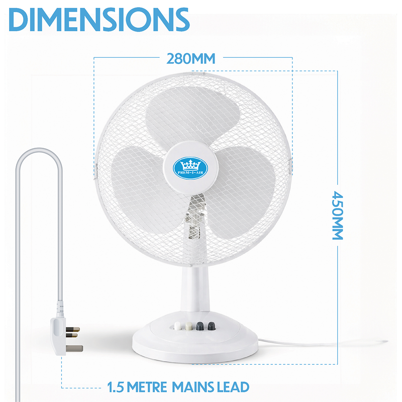 Prem-i-air 12" Compact Desk Fan - 3 Speed Settings, Oscillation & Adjustable Angle - White - EH5522, Image  of 7
