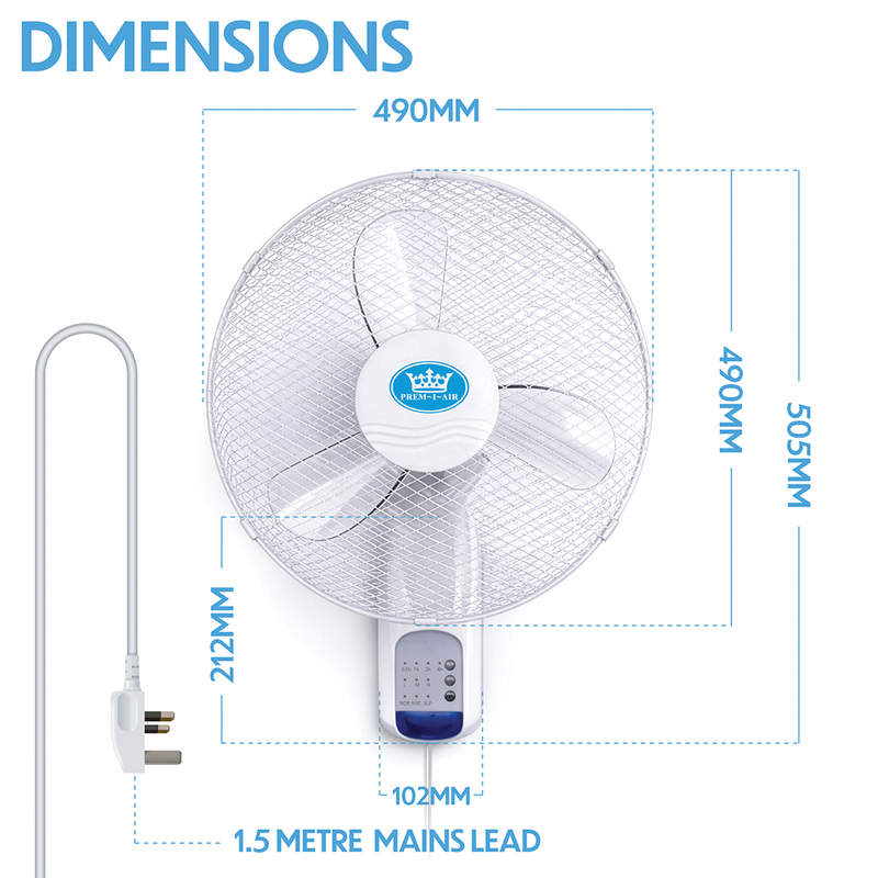 Prem-i-air 18" Wall Fan with Remote Control, 7.5-Hour Timer, 3 Speeds, Oscillation & Adjustable Head - EH5621, Image  of 9