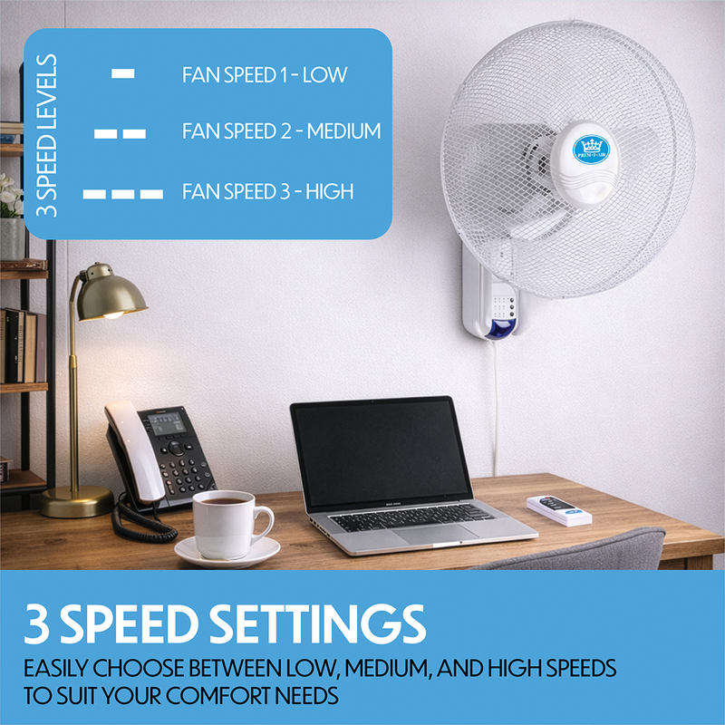 Prem-i-air 18" Wall Fan with Remote Control, 7.5-Hour Timer, 3 Speeds, Oscillation & Adjustable Head - EH5621, Image  of 9