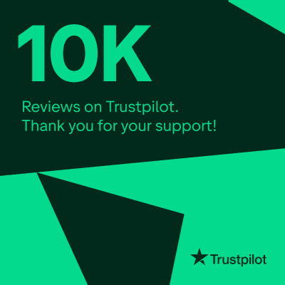 Promotional graphic for Trustpilot with '10K Reviews' text on a green background