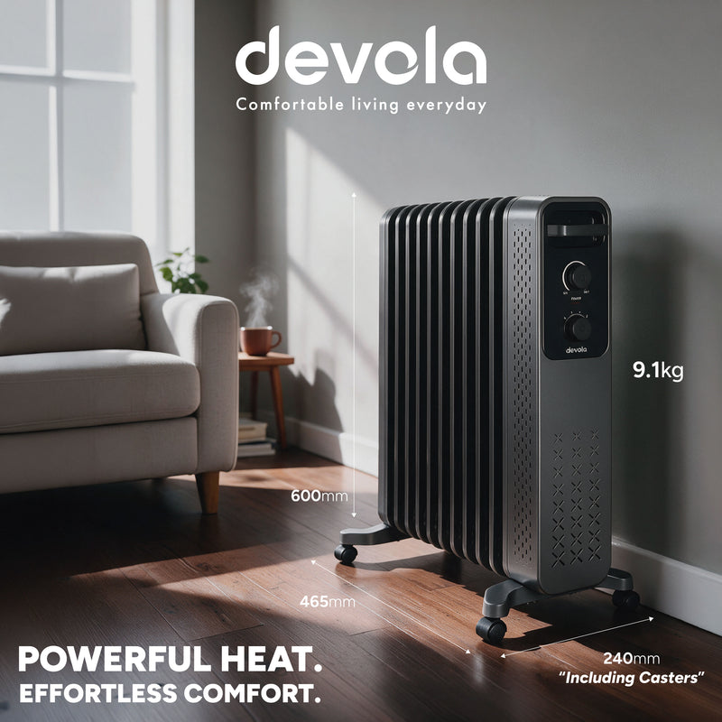 Devola 2500W Oil Filled Radiator with Mechanical Timer, Anthracite - DVOFRM2500B, Image  of 11