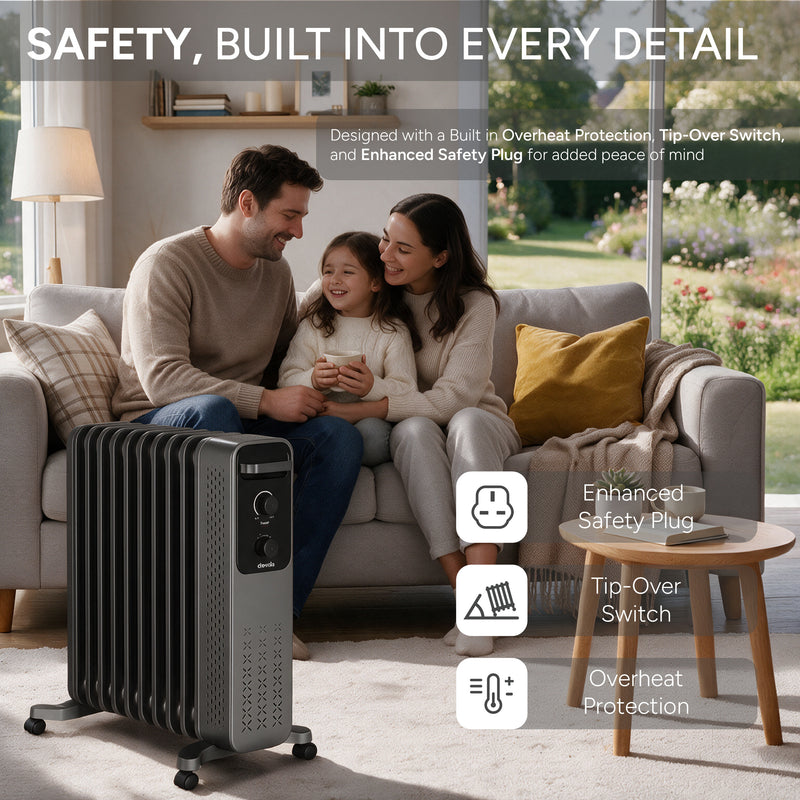 Devola 2500W Oil Filled Radiator with Mechanical Timer, Anthracite - DVOFRM2500B, Image  of 11