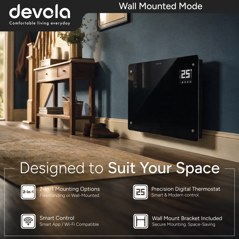 Devola Designer 2.5kW Smart Glass Panel Heater with Timer Black - DVPW2500B, Image  of 14