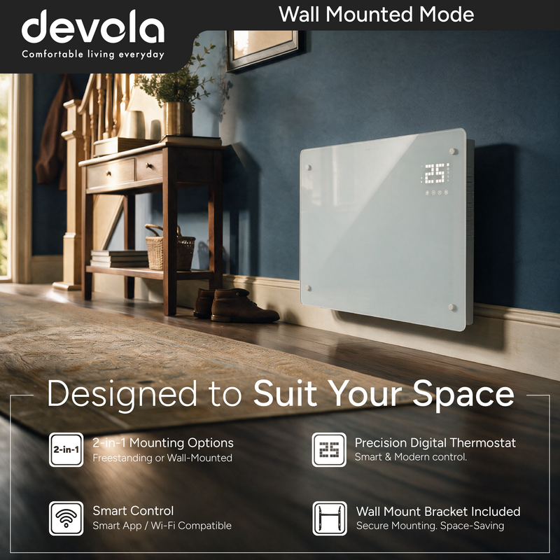 Devola Designer 2.5kW Smart Glass Panel Heater with Timer White -  DVPW2500WH, Image  of 14