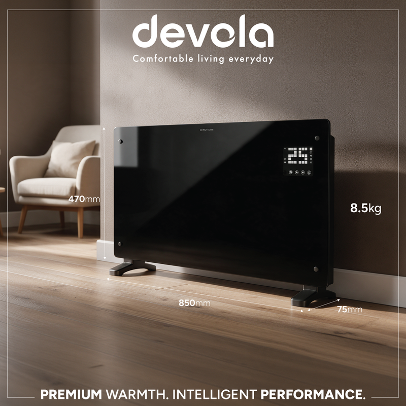 Devola Designer 2.5kW Smart Glass Panel Heater with Timer Black - DVPW2500B, Image  of 14