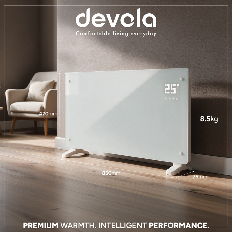 Devola Designer 2.5kW Smart Glass Panel Heater with Timer White -  DVPW2500WH, Image  of 14