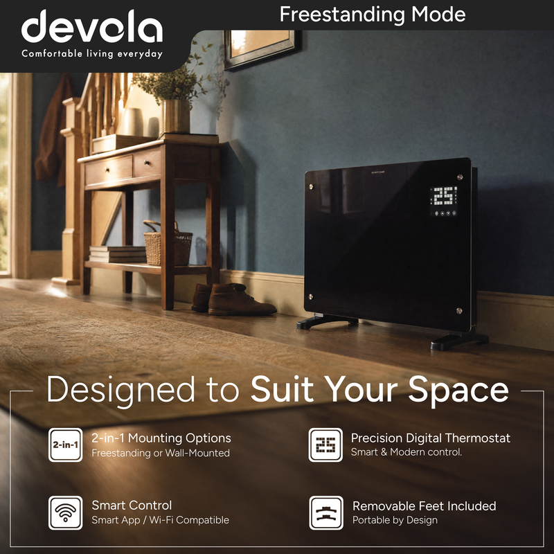 Devola Designer 2.5kW Smart Glass Panel Heater with Timer Black - DVPW2500B, Image  of 14