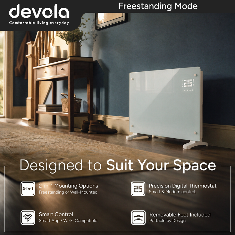 Devola Designer 2.5kW Smart Glass Panel Heater with Timer White -  DVPW2500WH, Image  of 14