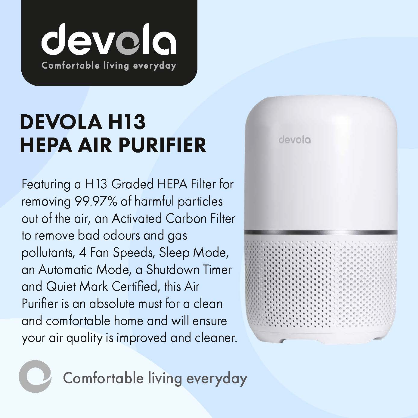 Devola Air Purifier with HEPA and Activated Carbon Filter DV150APQM