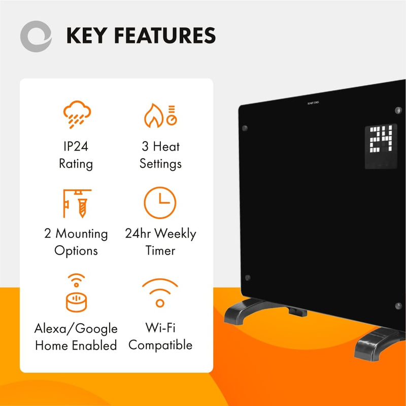 Devola Designer 2kW Smart Glass Panel Heater with Timer Black – DVPW2000B - Return Unit, Image 2 of 9