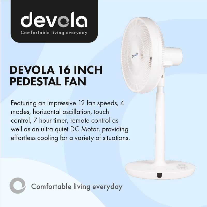 Devola Ultra Quiet 28W 12 Speed 16-inch DC Pedestal Fan - White - DV16DCPF, Image 2 of 9