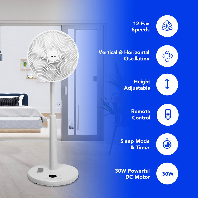 Devola Low Noise 30W 12 Speed 12-inch DC Pedestal Fan - White - DV12DCPFAN, Image  of 10