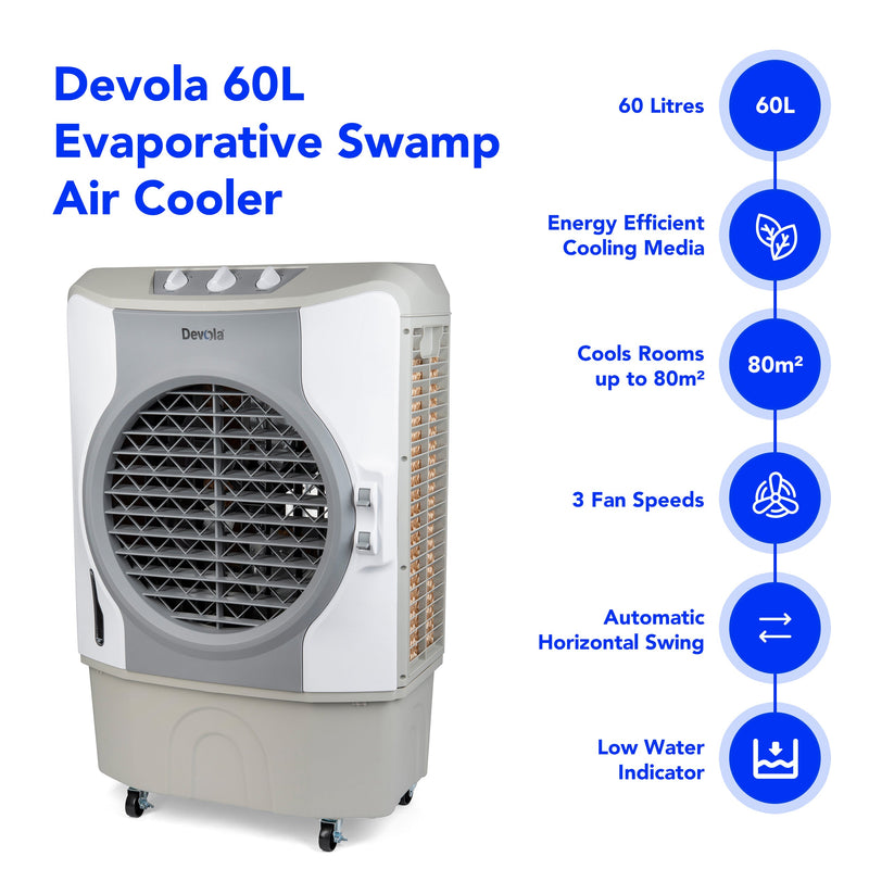 Devola 60L Evaporative Swamp Air Cooler 80m² White/Grey - DVCO60P - Return Unit, Image 2 of 7