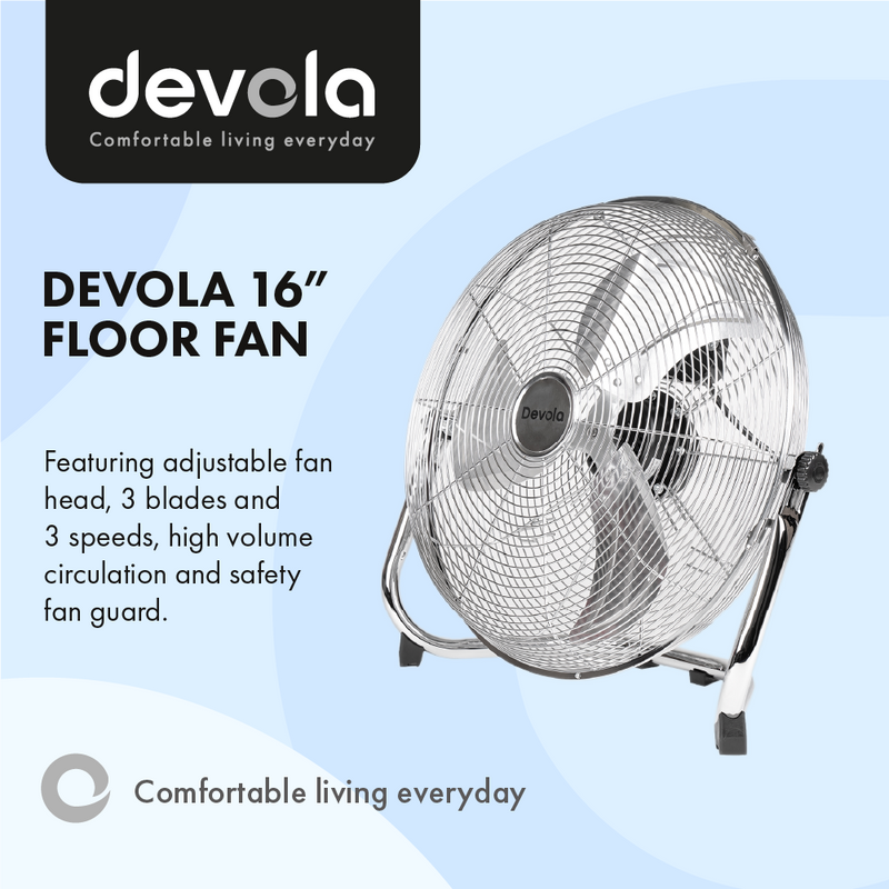 Devola High Power 80W 3 Speed 16-inch DC Floor Fan - Chrome - DV16FFC - Return Unit, Image 2 of 9