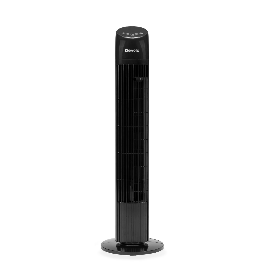 Tower fan with remote on a white background