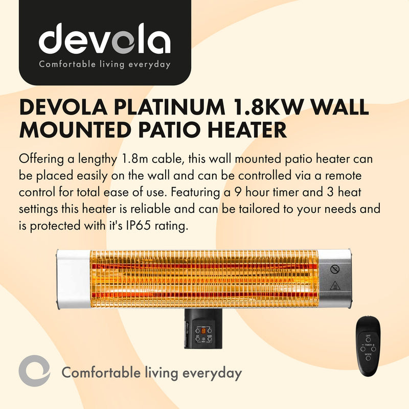 Devola Platinum 1.8kW Wall Mounted Patio Heater with Remote Control IP65 - Silver - DVPH18PWMSL, Image 2 of 9