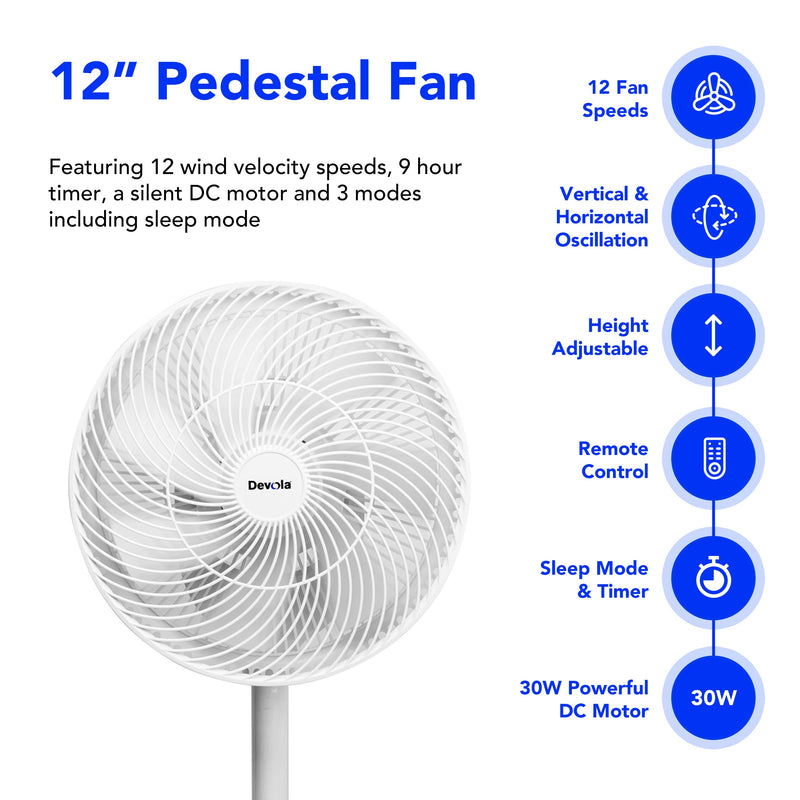 Devola Low Noise 30W 12 Speed 12-inch DC Pedestal Fan - White - DV12DCPFAN, Image  of 10
