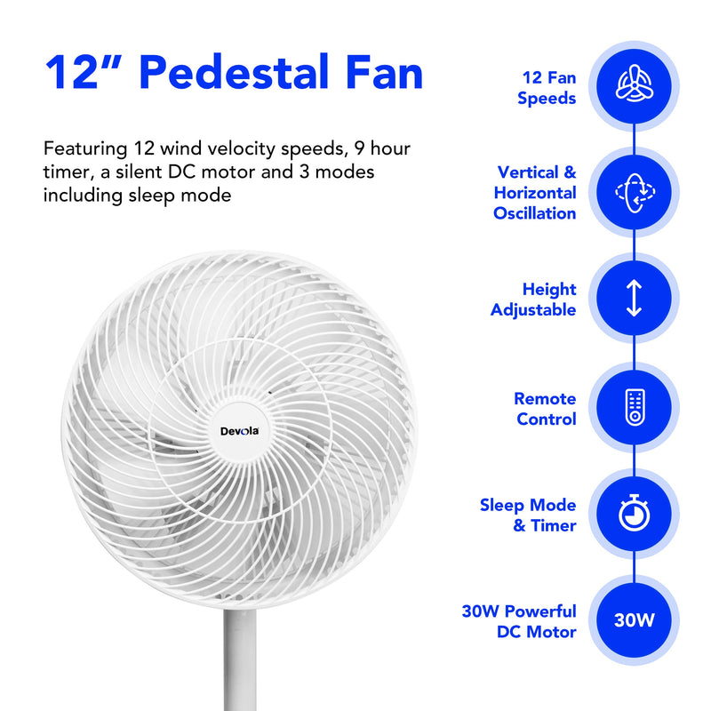 Devola Low Noise 30W 12 Speed 12-inch DC Pedestal Fan - White - DV12DCPFAN - Return Unit, Image 6 of 9