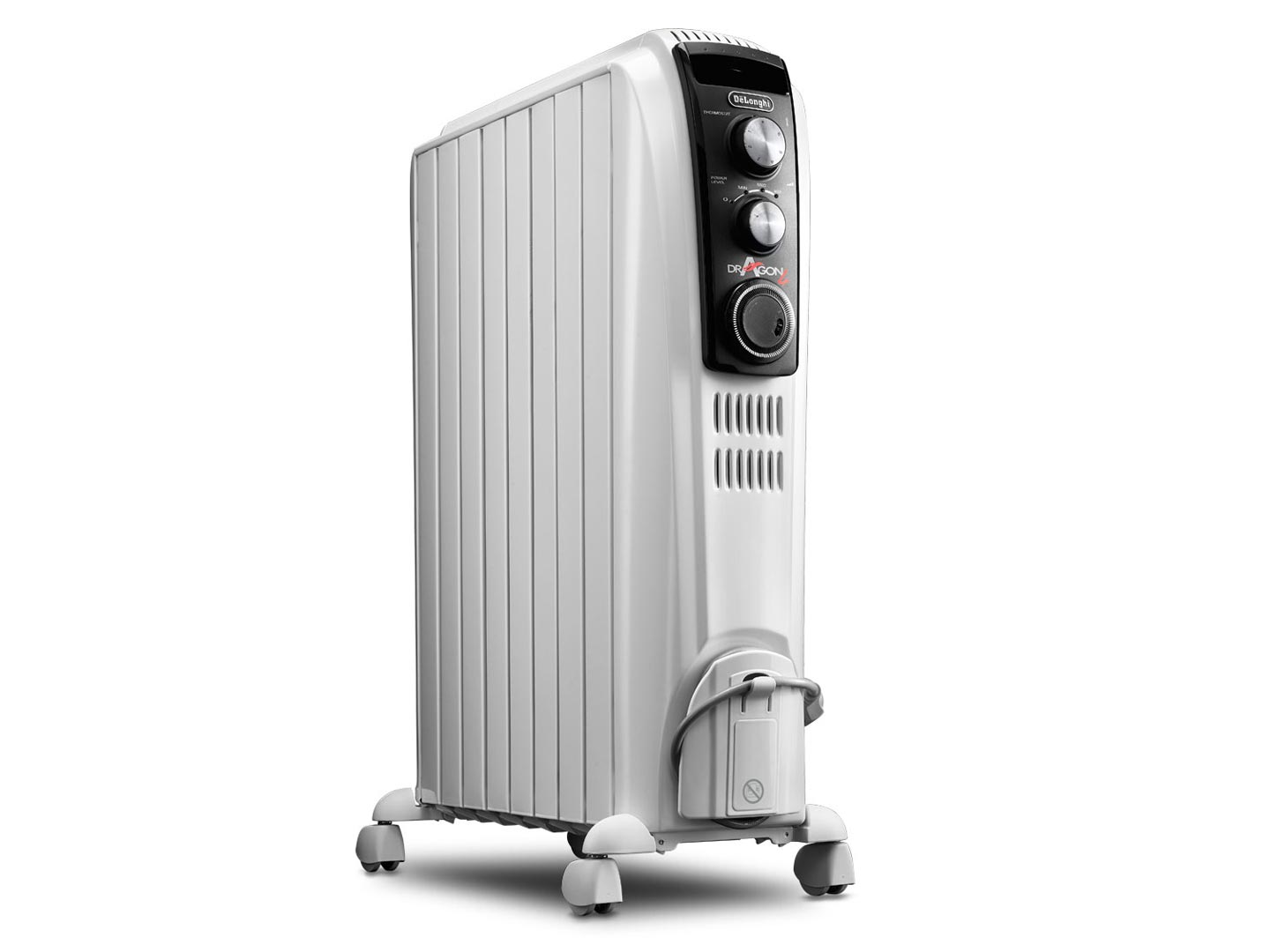 Image of a delonghi oil filled radiator on a white background