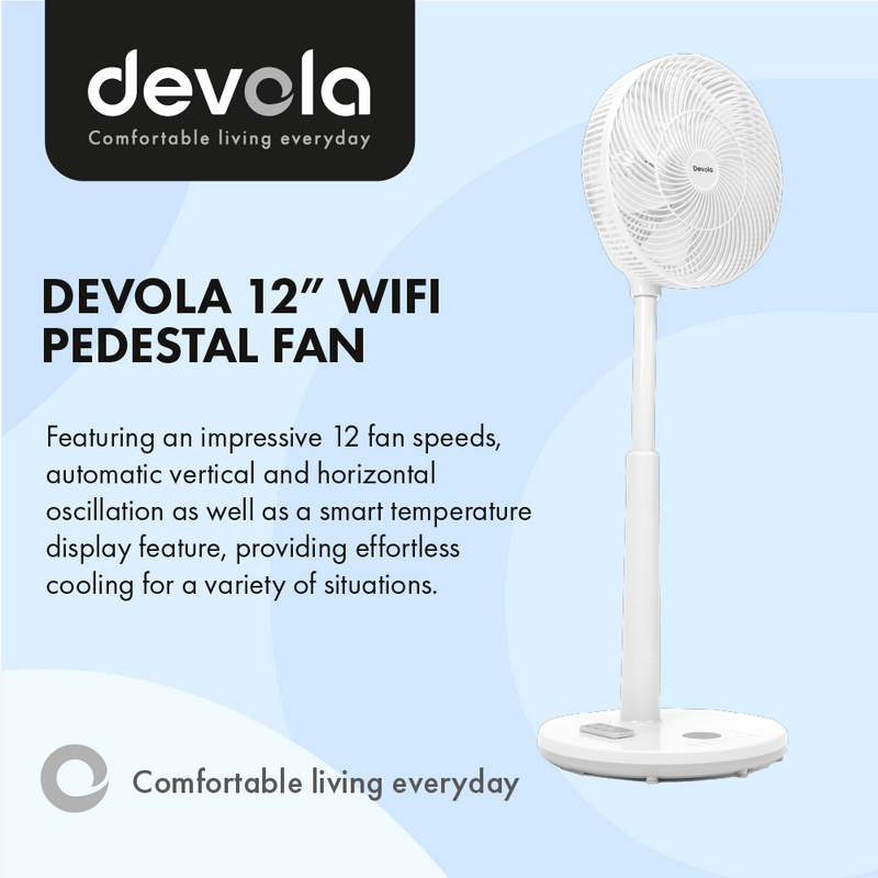 Devola Low Noise 30W 12 Speed 12-inch DC WiFi Pedestal Fan - White - DV12DCPFANWF, Image 2 of 9