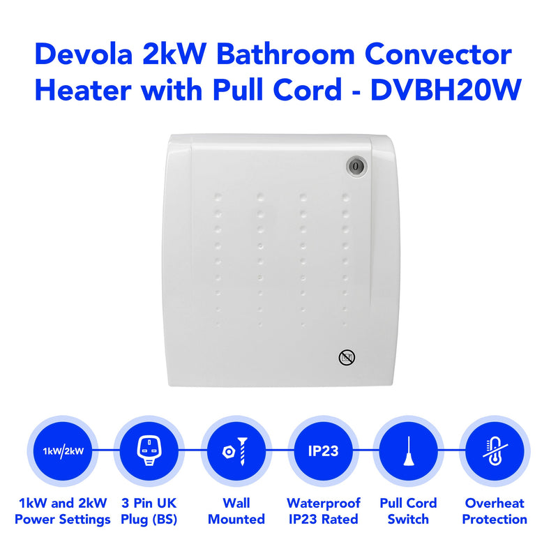 Devola 2kW Bathroom Heater White IP23 - DVBH20W - Return Unit, Image 2 of 7