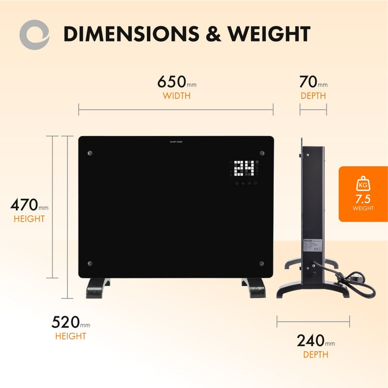 Devola Designer 1.5kW Smart Glass Panel Heater with Timer Black - DVPW1500B - Return Unit, Image 3 of 9