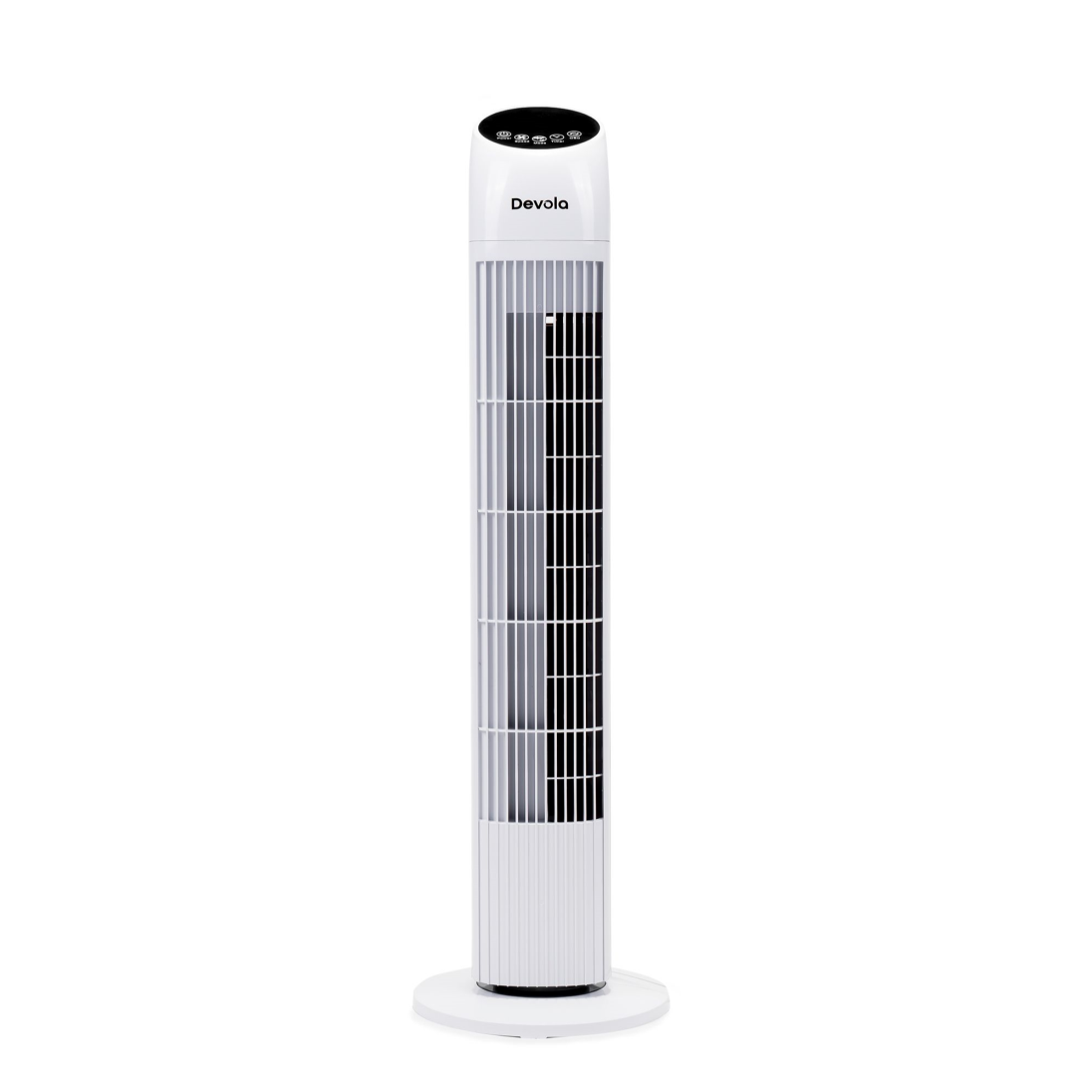 Tower fan with remote on a white background
