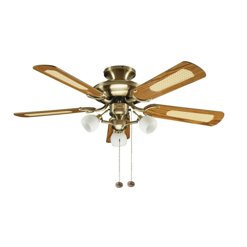 Fantasia Mayfair Combi 42inch. Ceiling Fan with Gloss Oak/ Gloss Mahogany Blade & Light - Antique Brass - 111962, Image 1 of 1