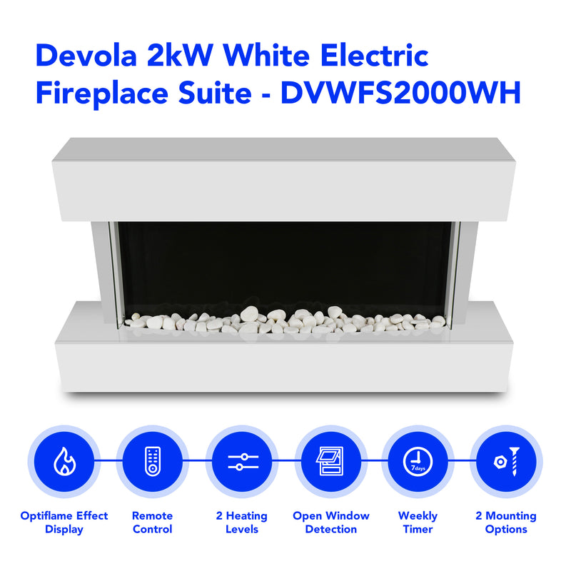 Devola 2kW Electric Fireplace Suite White 558x1170mm - DVWFS2000WH, Image  of 7