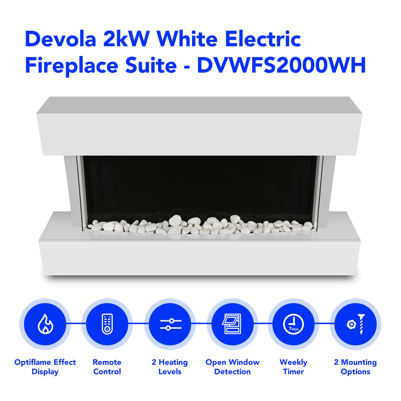 Devola 2kW Electric Fireplace Suite White 558x1170mm - DVWFS2000WH, Image 2 of 7