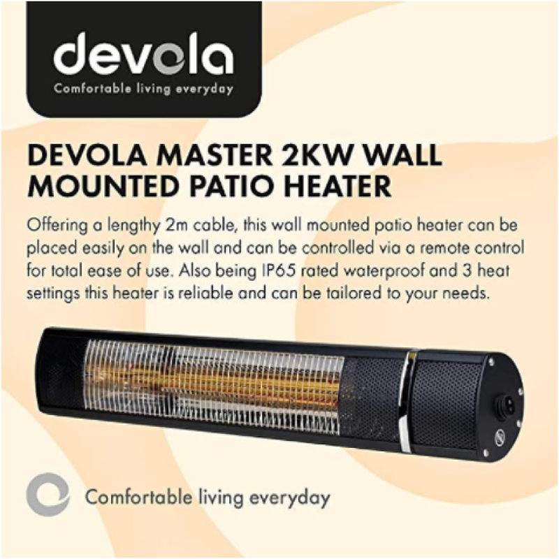 Devola Master 2kW Wall Mounted Patio Heater with Remote Control - DVPH20WMB - Return Unit, Image 2 of 5