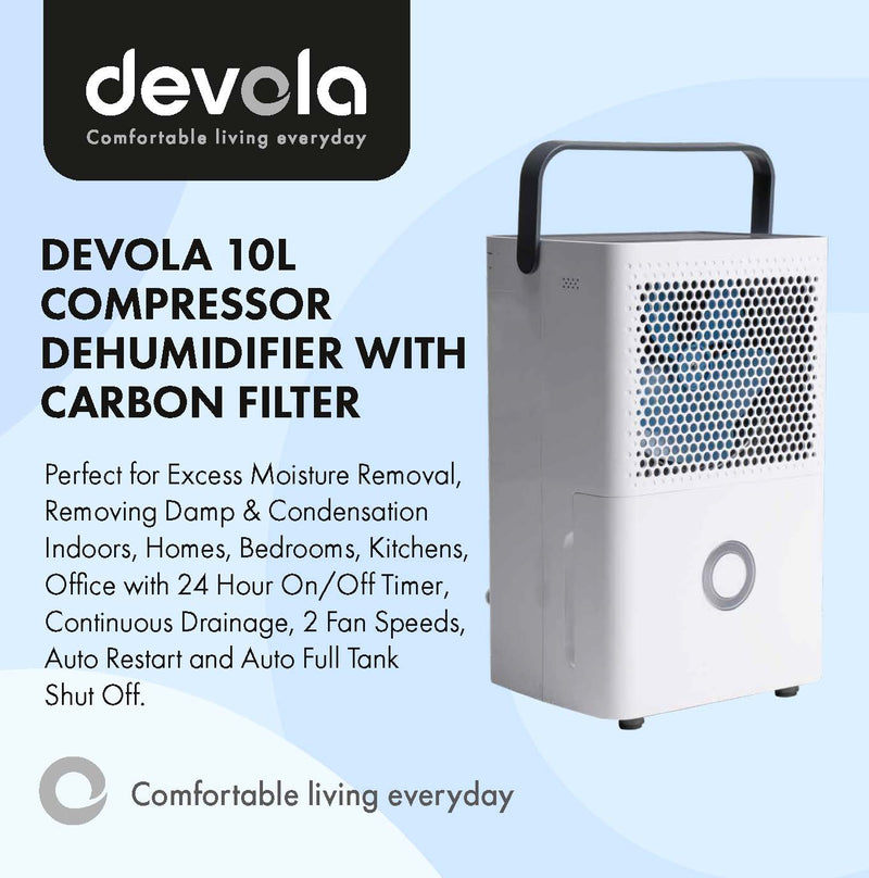 Devola 10L Compressor Dehumidifier with Carbon Filter - DV10LCF, Image 2 of 7