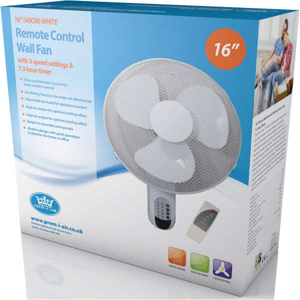 Prem-I-Air 50W 3 Speed 16-inch Wall Fan With Remote - White - EH1623 - Return Unit, Image 3 of 3